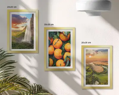 Set de 3 tablouri cu peisaj italian reprezentând cascadă, munți și apus de soare printre portocali