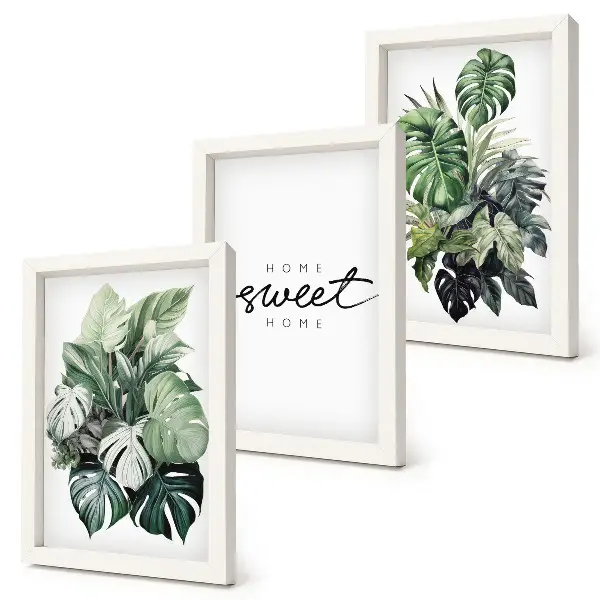 Set 3 tablouri cu plante verzi și mesajul Acasă dulce