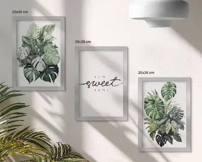 Set 3 tablouri cu plante verzi și mesajul Acasă dulce
