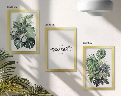 Set 3 tablouri cu plante verzi și mesajul Acasă dulce