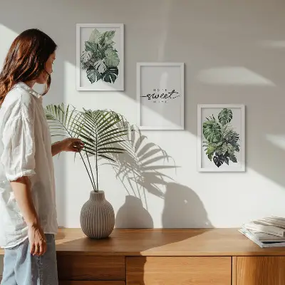 Set 3 tablouri cu plante verzi și mesajul Acasă dulce