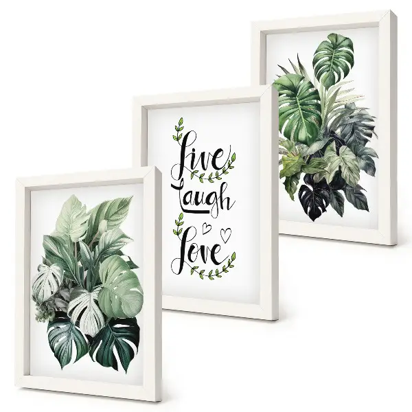 Galerie de perete cu plante și textul trăiește, râde, iubește