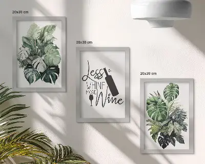 Set 3 tablouri cu frunze în nuanțe de verde și inscripție despre vin