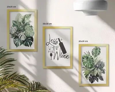 Set 3 tablouri cu frunze în nuanțe de verde și inscripție despre vin
