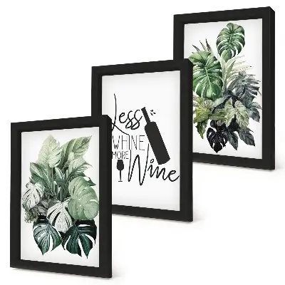 Set 3 tablouri cu frunze în nuanțe de verde și inscripție despre vin