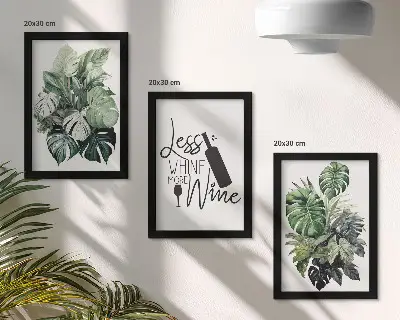 Set 3 tablouri cu frunze în nuanțe de verde și inscripție despre vin