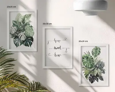 Galerie de perete cu acuarelă reprezentând frunze de monstera și mesajul acasă dulce acasă