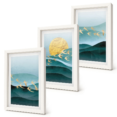 Set 3 tablouri Peisaje abstracte cu valuri de soare și păsări în zbor