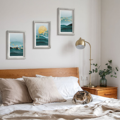 Set 3 tablouri Peisaje abstracte cu valuri de soare și păsări în zbor