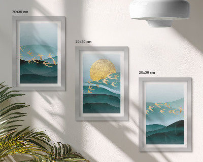 Set 3 tablouri Peisaje abstracte cu valuri de soare și păsări în zbor