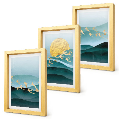 Set 3 tablouri Peisaje abstracte cu valuri de soare și păsări în zbor