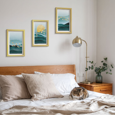 Set 3 tablouri Peisaje abstracte cu valuri de soare și păsări în zbor