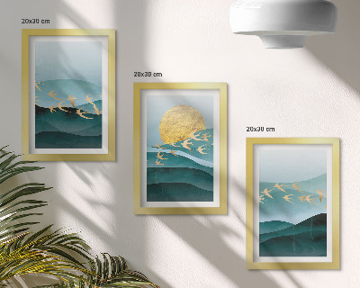 Set 3 tablouri Peisaje abstracte cu valuri de soare și păsări în zbor