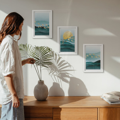 Set 3 tablouri Peisaje abstracte cu valuri de soare și păsări în zbor
