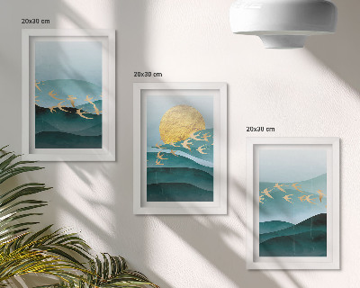 Set 3 tablouri Peisaje abstracte cu valuri de soare și păsări în zbor