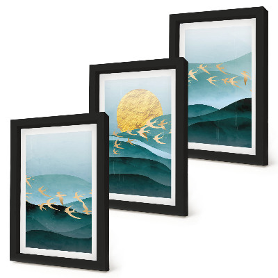 Set 3 tablouri Peisaje abstracte cu valuri de soare și păsări în zbor
