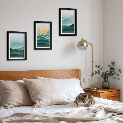 Set 3 tablouri Peisaje abstracte cu valuri de soare și păsări în zbor