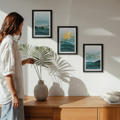 Set 3 tablouri Peisaje abstracte cu valuri de soare și păsări în zbor