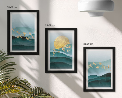 Set 3 tablouri Peisaje abstracte cu valuri de soare și păsări în zbor