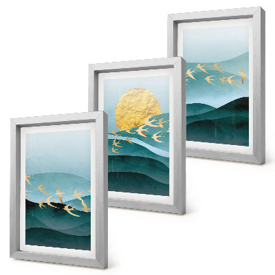 Set 3 tablouri Peisaje abstracte cu valuri de soare și păsări în zbor