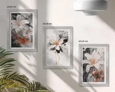 Set 3 tablouri cu flori pe fundal de marmură în nuanțe de alb și negru