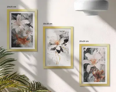 Set 3 tablouri cu flori pe fundal de marmură în nuanțe de alb și negru