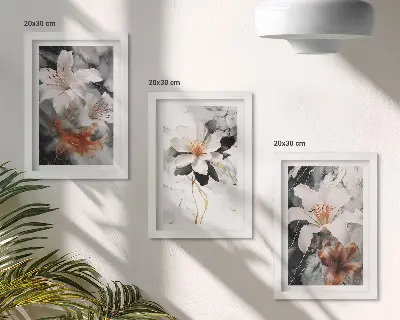 Set 3 tablouri cu flori pe fundal de marmură în nuanțe de alb și negru
