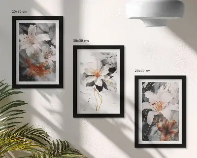 Set 3 tablouri cu flori pe fundal de marmură în nuanțe de alb și negru