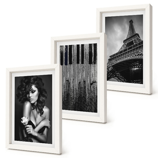 Set 3 tablouri Portretul unei femei cu un trandafir, Turnul Eiffel și un model de pian