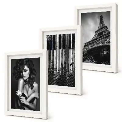 Set 3 tablouri cu portretul unei femei cu un trandafir, Turnul Eiffel și un model de pian