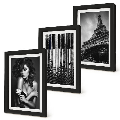 Set 3 tablouri Portretul unei femei cu un trandafir, Turnul Eiffel și un model de pian