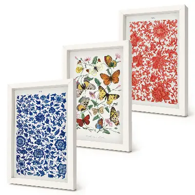 Galerie de perete cu postere vintage reprezentând flori, fluturi și ornamente