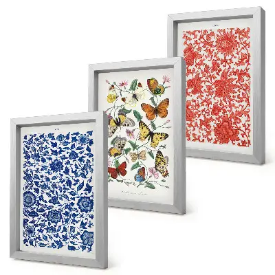 Galerie de perete cu postere vintage reprezentând flori, fluturi și ornamente