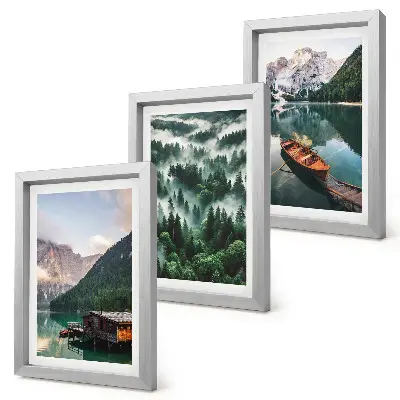 Galerie de perete peisaje montane cu lac, barcă și pădure în ceață