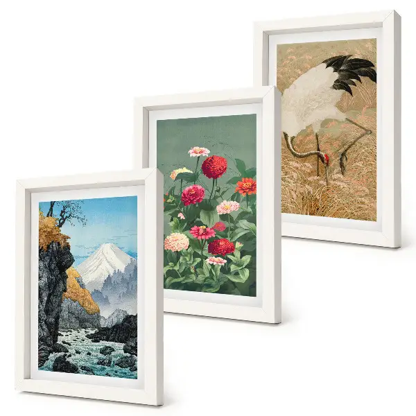 Set 3 tablouri cu peisaj montan, râu, flori și macarale în iarbă