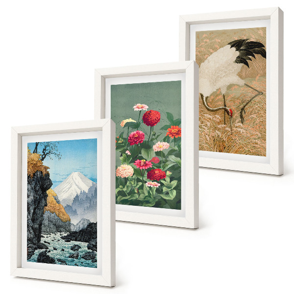 Set 3 tablouri Munți în peisaj, râu, flori și macarale în iarbă
