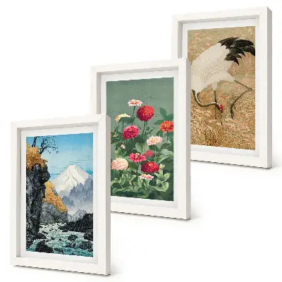 Set 3 tablouri cu peisaj montan, râu, flori și macarale în iarbă