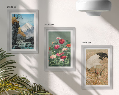 Set 3 tablouri Munți în peisaj, râu, flori și macarale în iarbă