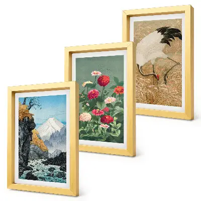 Set 3 tablouri cu peisaj montan, râu, flori și macarale în iarbă