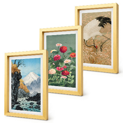 Set 3 tablouri Munți în peisaj, râu, flori și macarale în iarbă