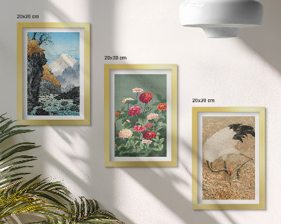 Set 3 tablouri Munți în peisaj, râu, flori și macarale în iarbă