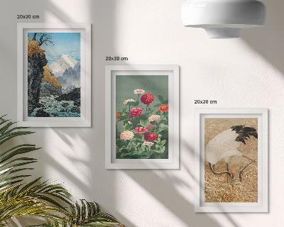 Set 3 tablouri Munți în peisaj, râu, flori și macarale în iarbă