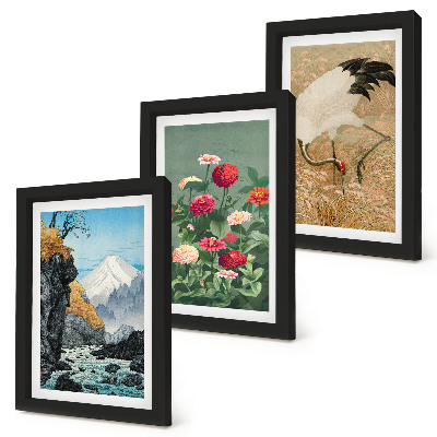 Set 3 tablouri Munți în peisaj, râu, flori și macarale în iarbă