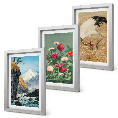 Set 3 tablouri Munți în peisaj, râu, flori și macarale în iarbă