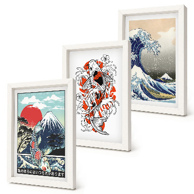 Set 3 tablouri Ilustrații cu munți de pești și Marele Val de lângă Kanagawa, în stil japonez