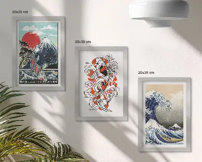 Set de 3 tablouri cu ilustrații de munți și Marele Val de lângă Kanagawa în stil japonez