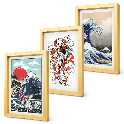 Set 3 tablouri Ilustrații cu munți de pești și Marele Val de lângă Kanagawa, în stil japonez