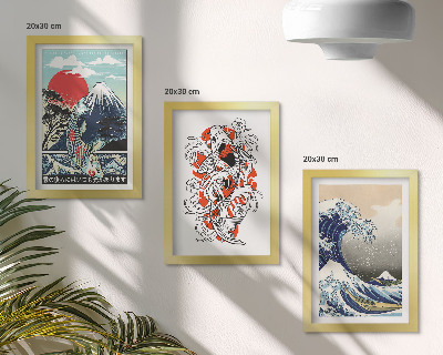 Set 3 tablouri Ilustrații cu munți de pești și Marele Val de lângă Kanagawa, în stil japonez