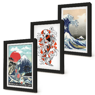 Set 3 tablouri Ilustrații cu munți de pești și Marele Val de lângă Kanagawa, în stil japonez