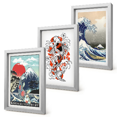 Set 3 tablouri Ilustrații cu munți de pești și Marele Val de lângă Kanagawa, în stil japonez